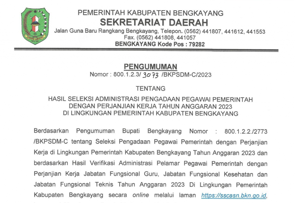 PENGUMUMAN HASIL SELEKSI ADMINISTRASI PENGADAAN PPPK DI LINGKUNGAN